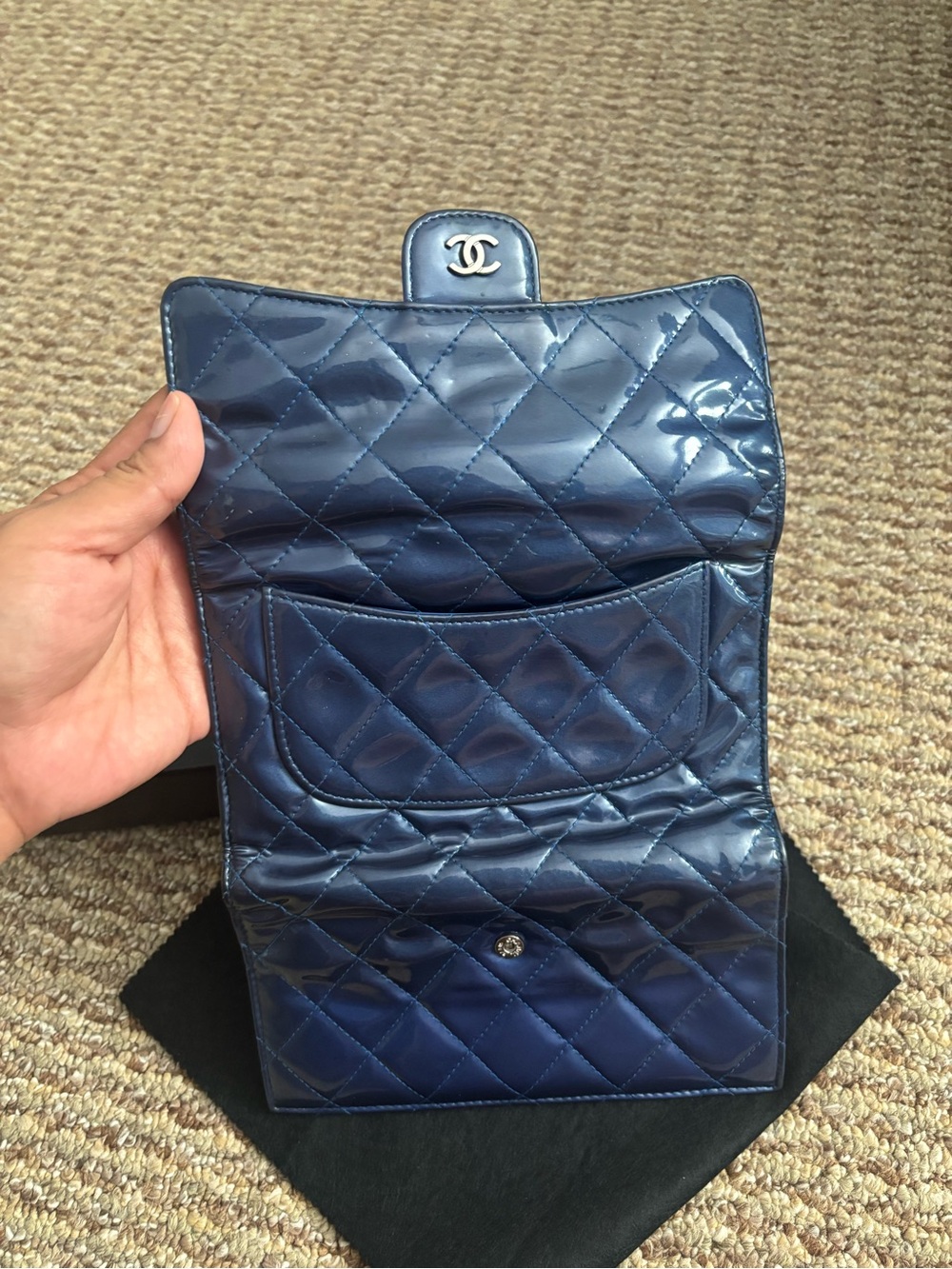 Authentic CHANEL Continental Quilted Patent Leather Wallet in Deep Blue - Picture 14 of 15